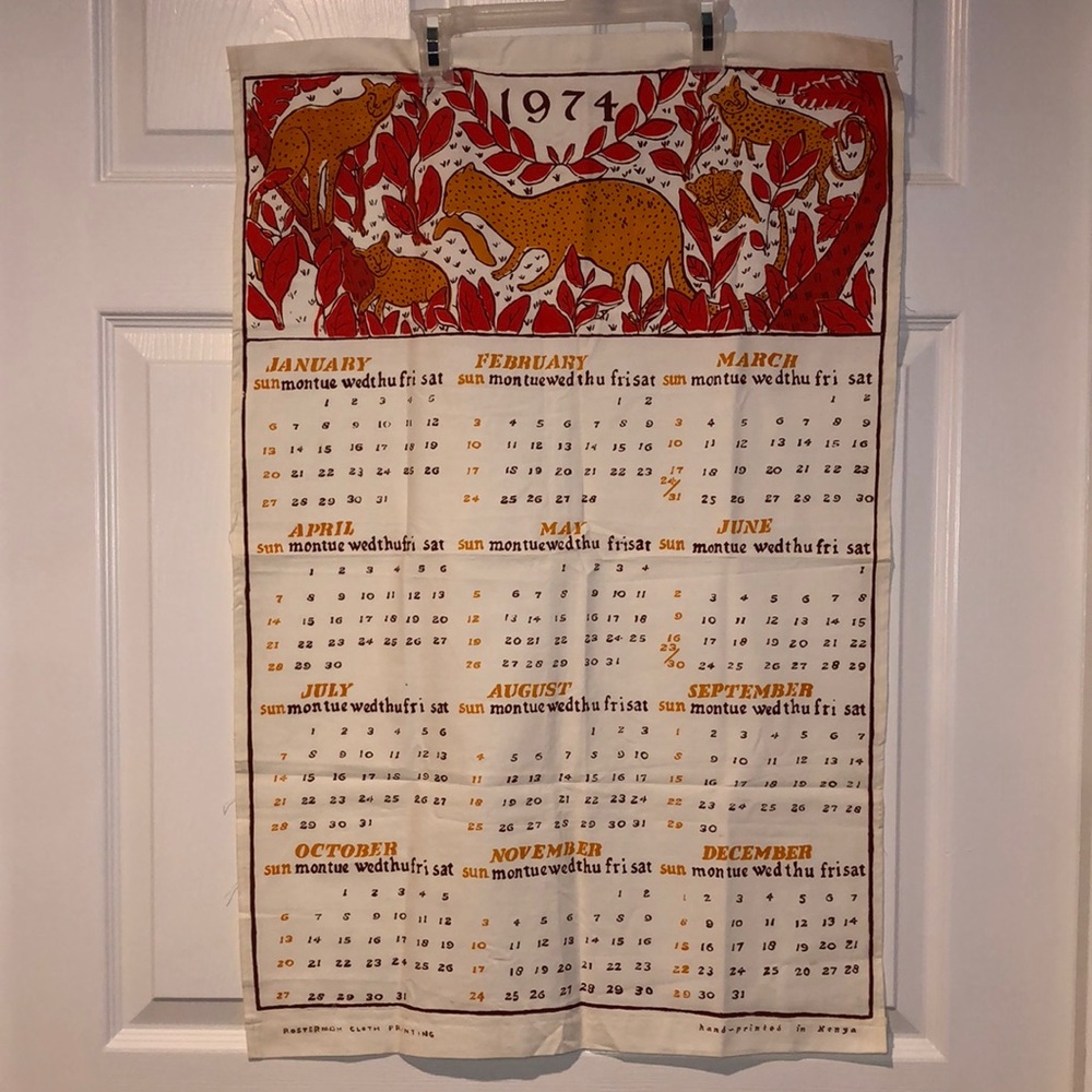 VTG. 1974 HandPrinted Kenya Cloth Calendar/Towel Leopard Design-Mint Condition